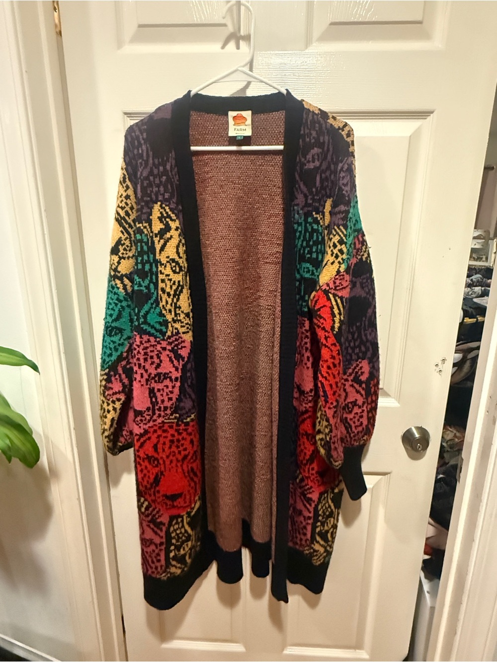 FARM Rio Multicolor Open-Front Knit Cardigan with Animal Motif